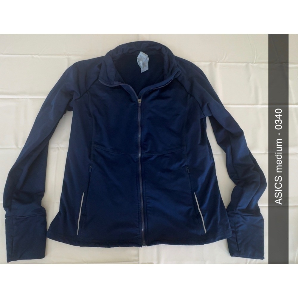 Asics Womens Navy Blue Full Zip Running Jacket Thumbholes Reflective Medium